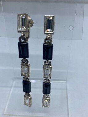 Vtg Napier black clear rhinestone crystal 2 1/2" long dangle clip earrings